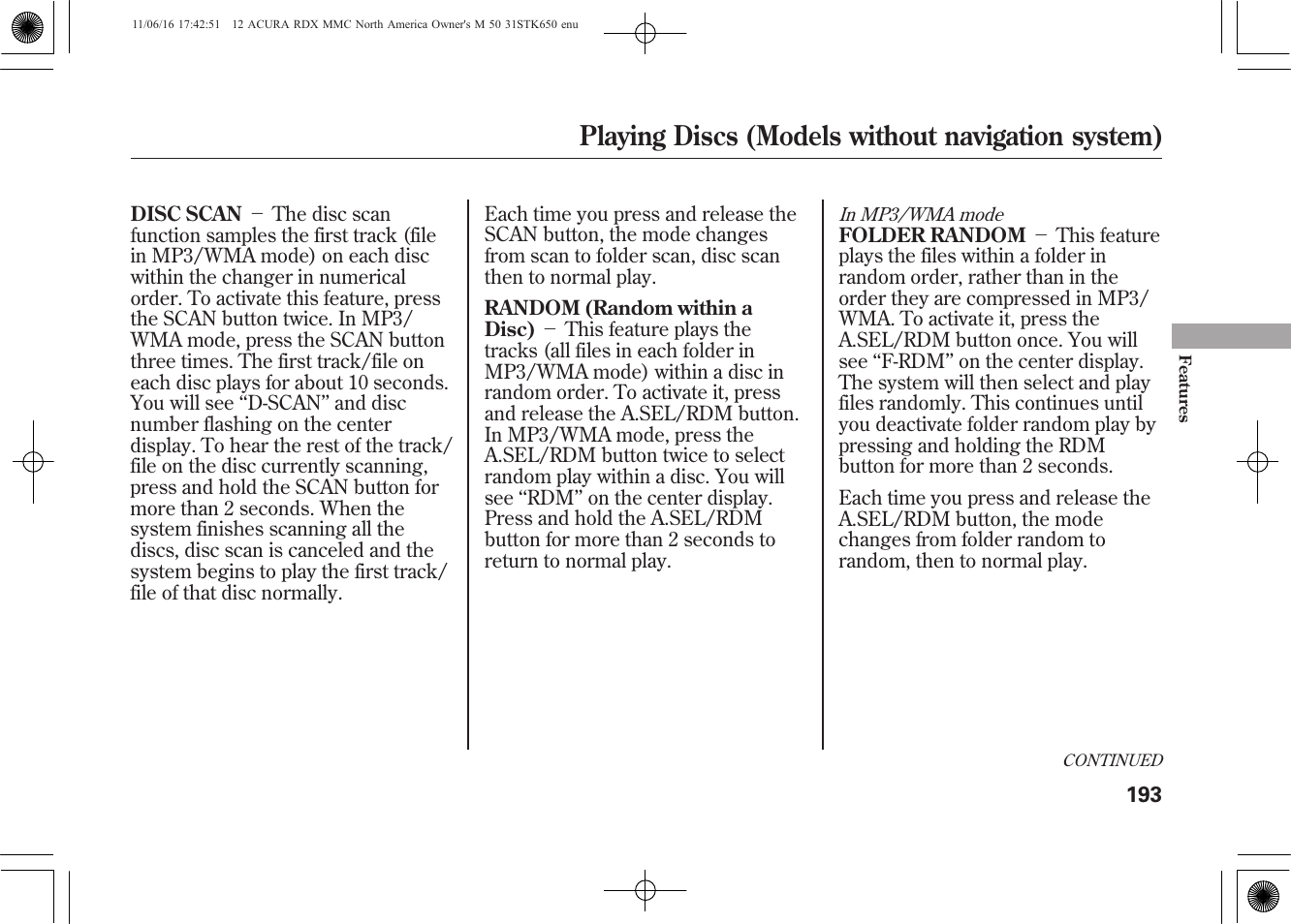 Playing discs (models without navigation system) | Acura 2012 RDX User Manual | Page 199 / 518