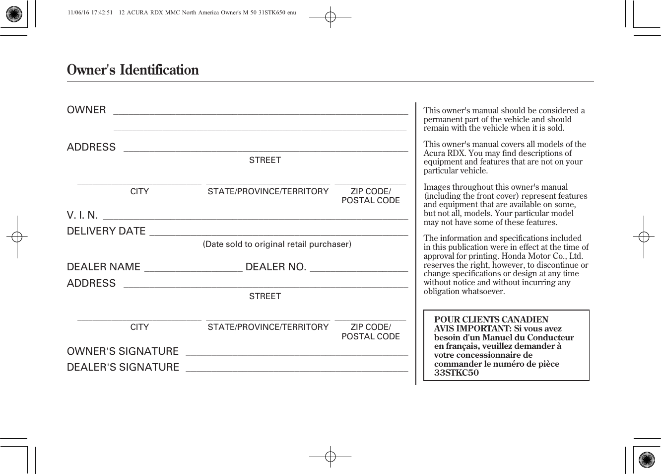 Owner's identification | Acura 2012 RDX User Manual | Page 2 / 518