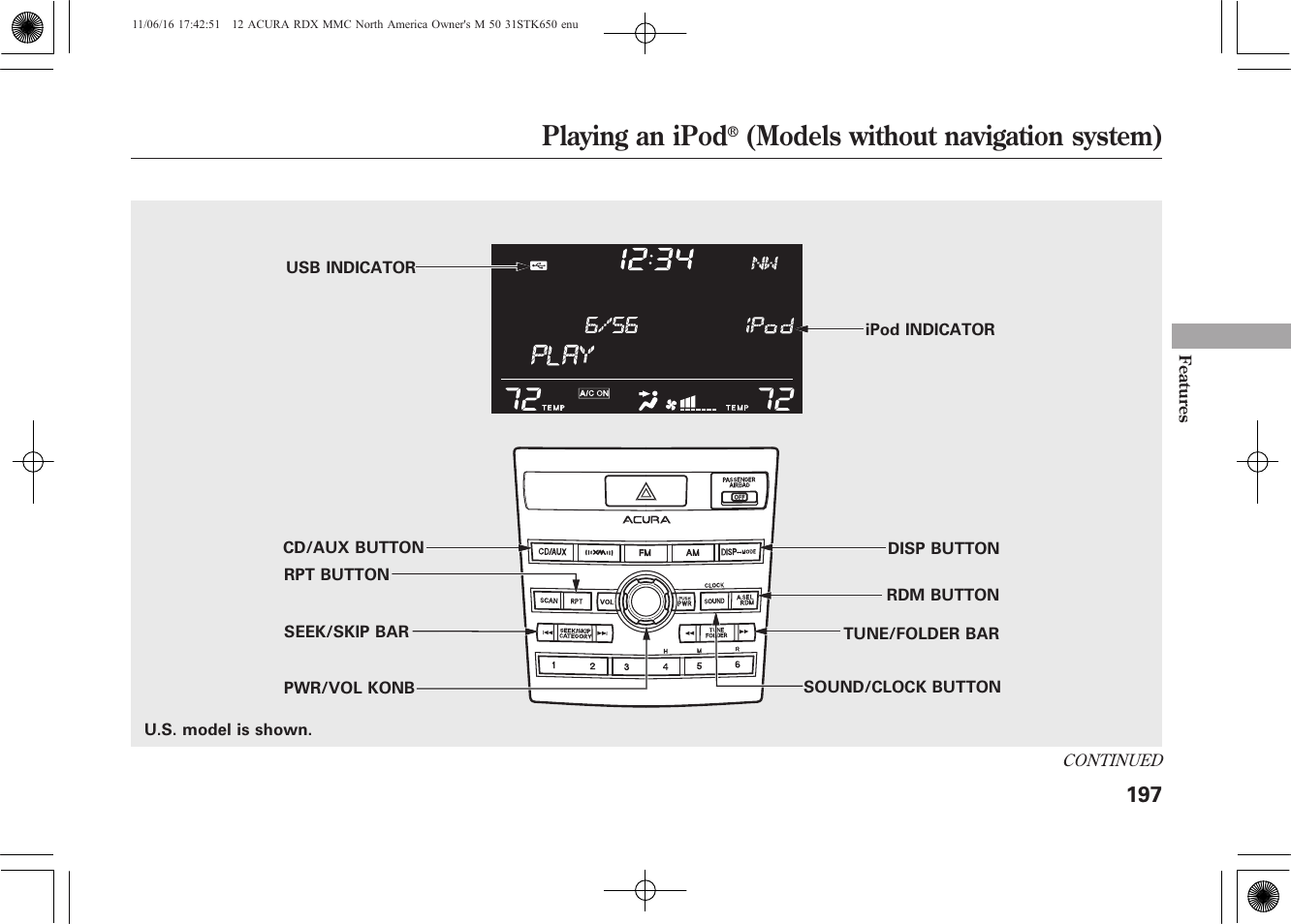 Playing an ipod, Models without navigation system) | Acura 2012 RDX User Manual | Page 203 / 518