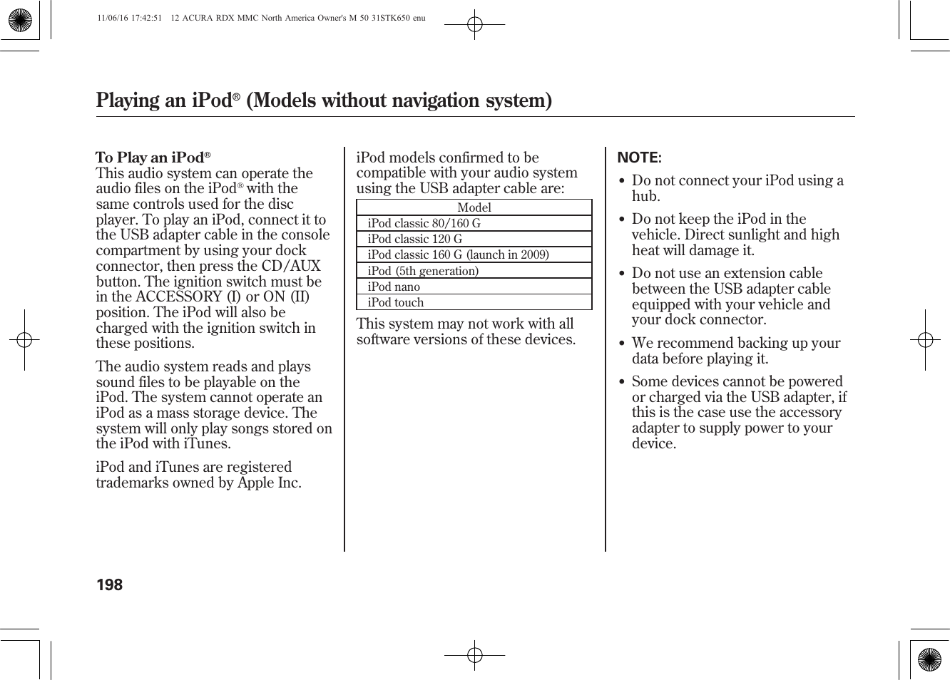 Playing an ipod, Models without navigation system) | Acura 2012 RDX User Manual | Page 204 / 518