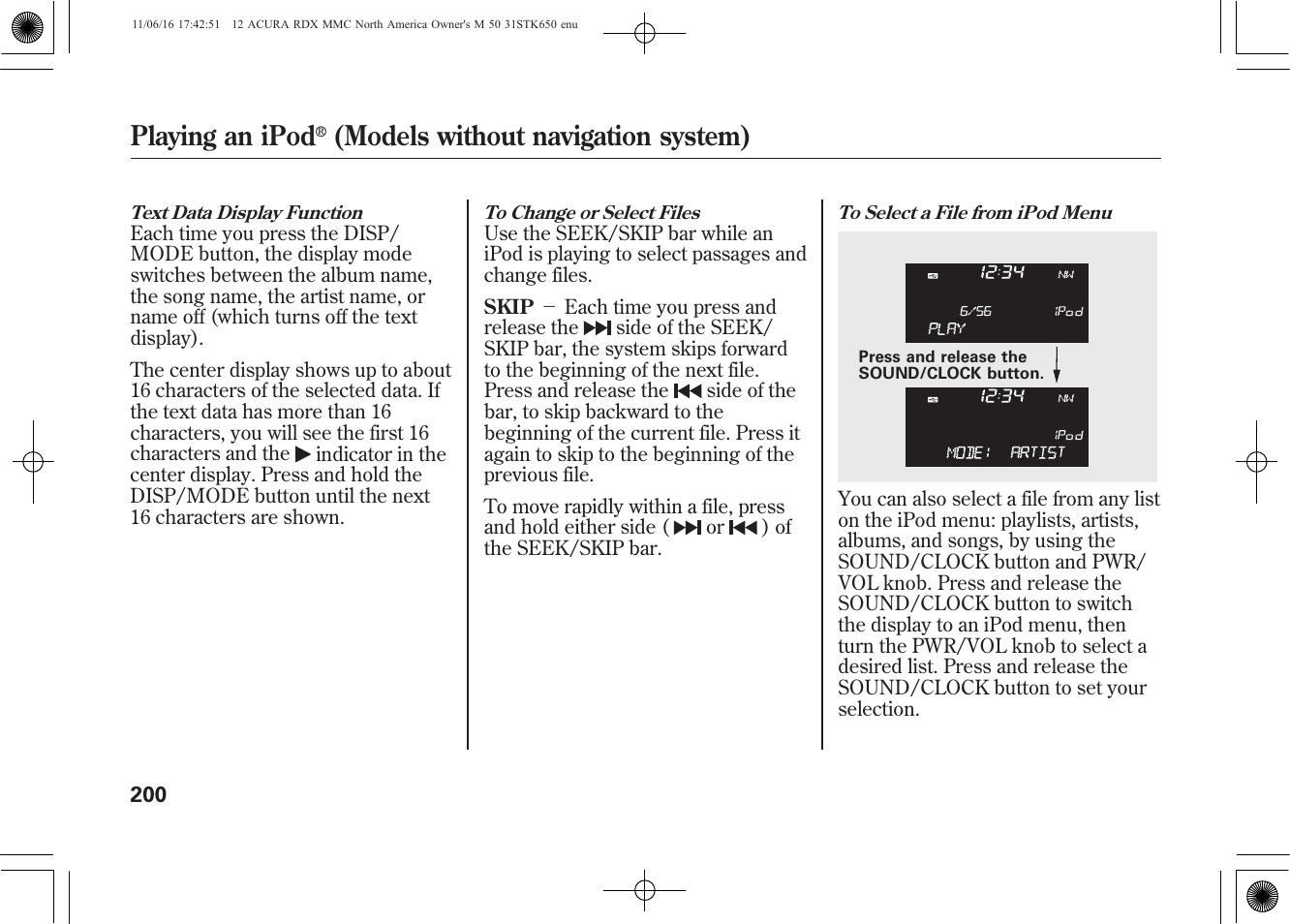 Playing an ipod, Models without navigation system) | Acura 2012 RDX User Manual | Page 206 / 518