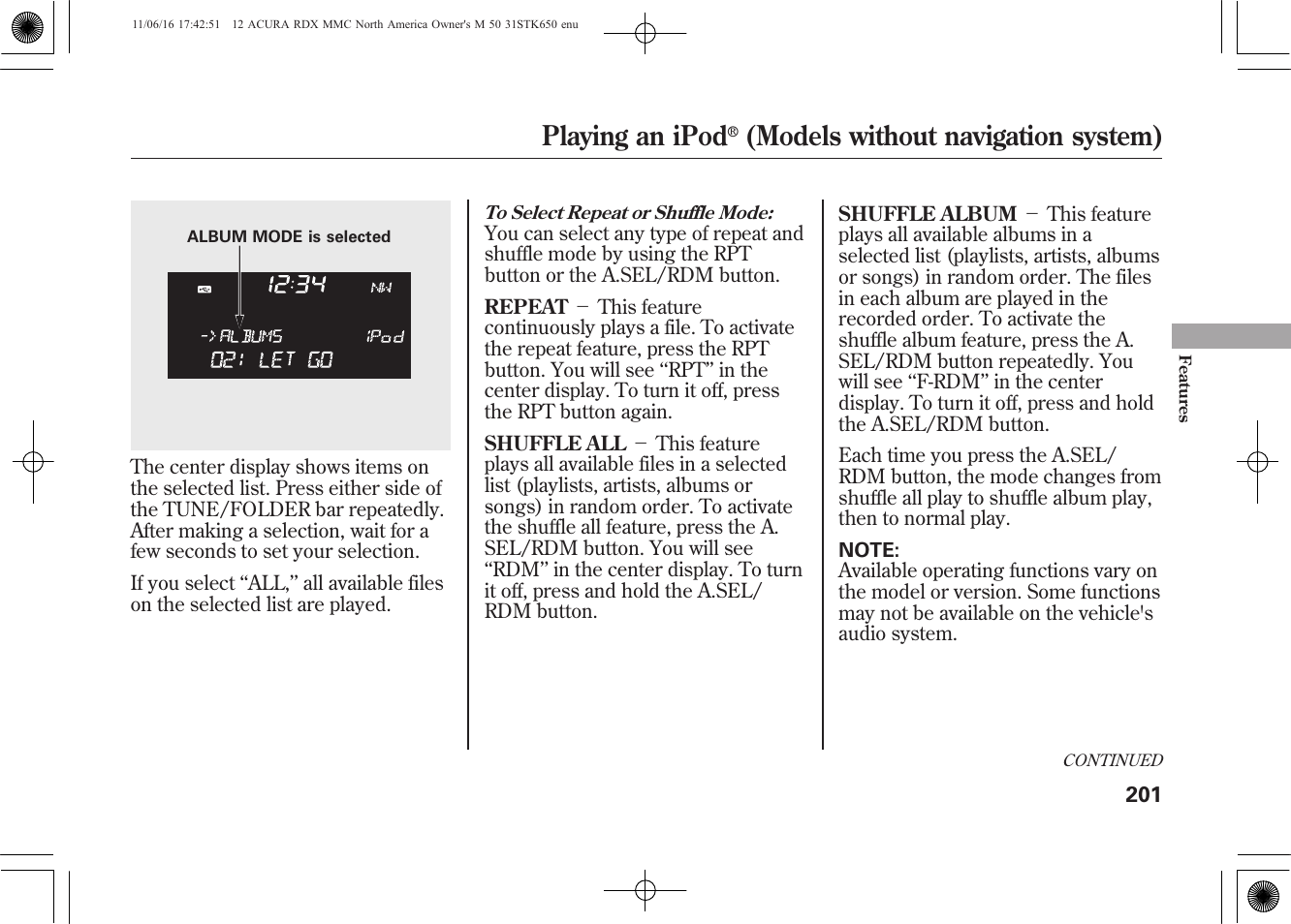 Playing an ipod, Models without navigation system) | Acura 2012 RDX User Manual | Page 207 / 518