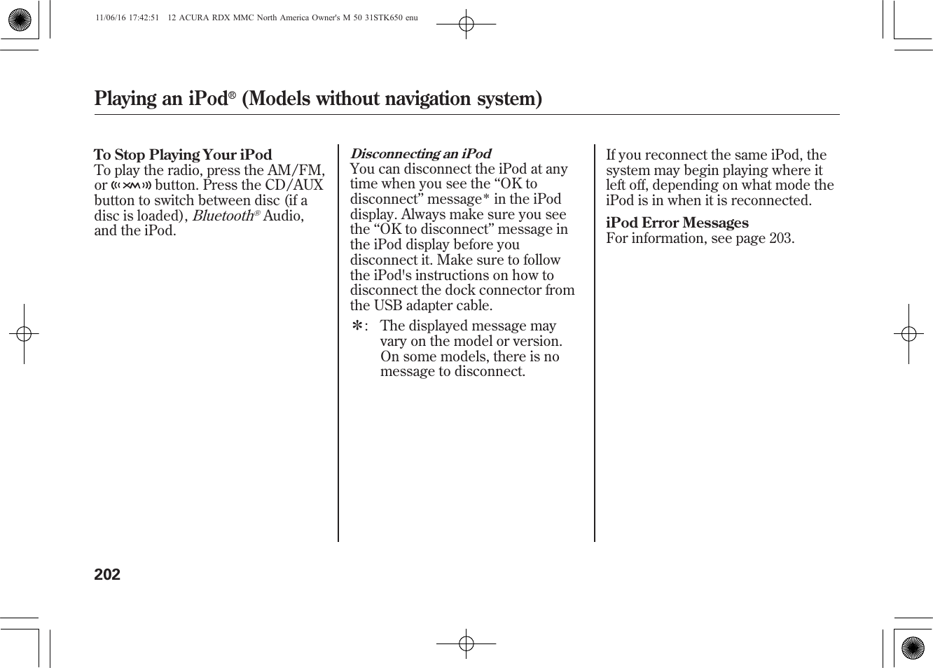 Playing an ipod, Models without navigation system) | Acura 2012 RDX User Manual | Page 208 / 518