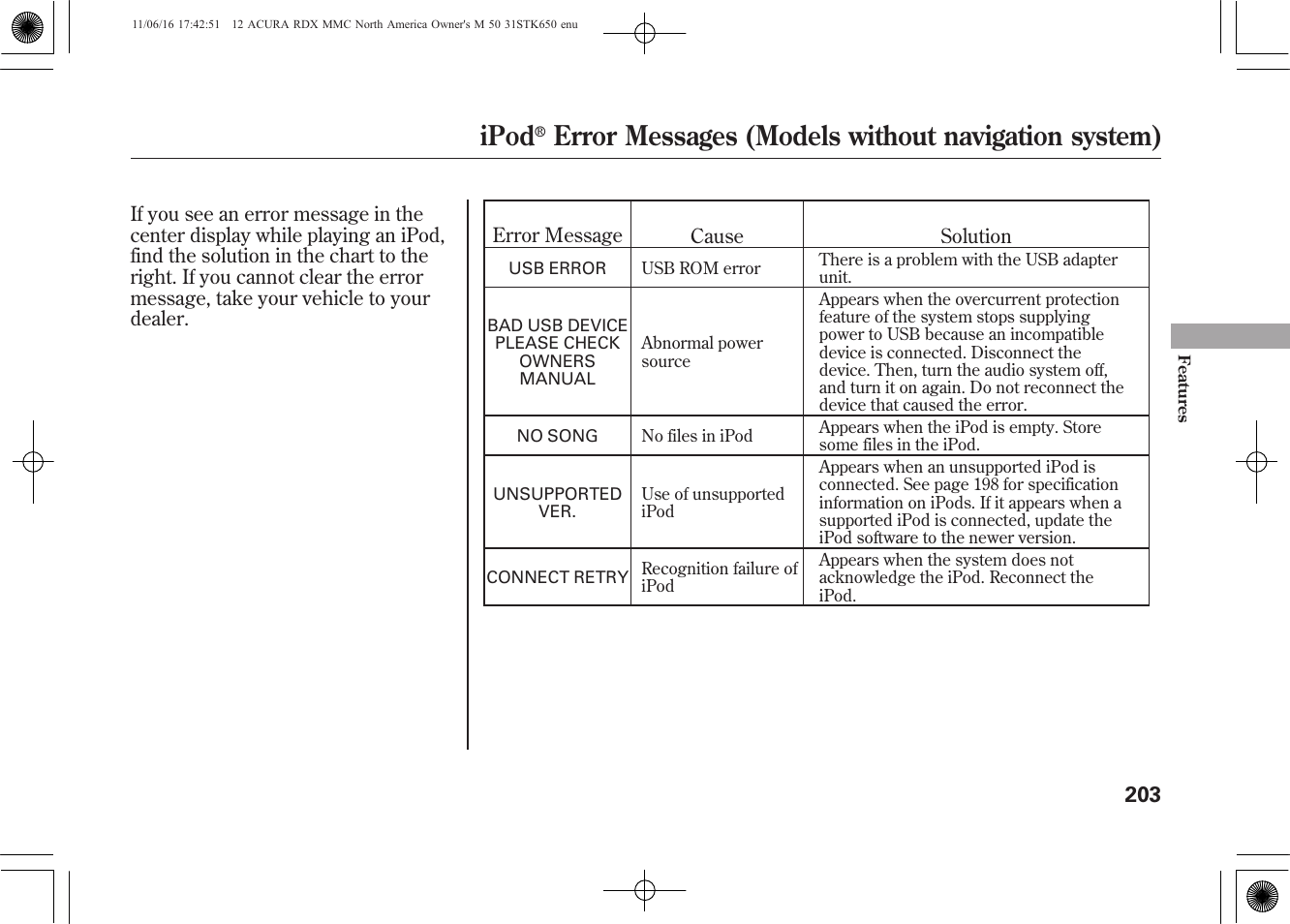 Ipod, Error messages (models without navigation system) | Acura 2012 RDX User Manual | Page 209 / 518