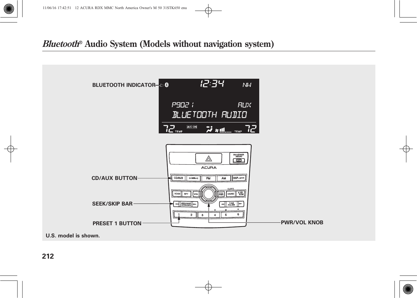 Bluetooth, Audio system (models without navigation system) | Acura 2012 RDX User Manual | Page 218 / 518