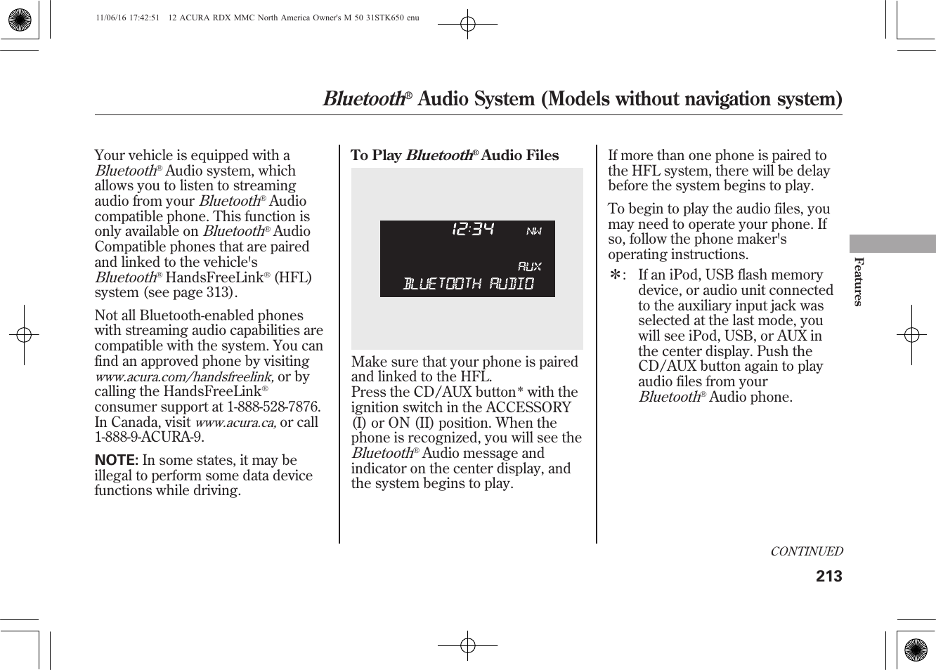 Bluetooth, Audio system (models without navigation system) | Acura 2012 RDX User Manual | Page 219 / 518