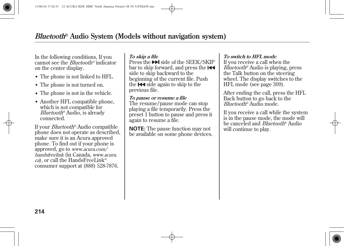 Bluetooth, Audio system (models without navigation system) | Acura 2012 RDX User Manual | Page 220 / 518