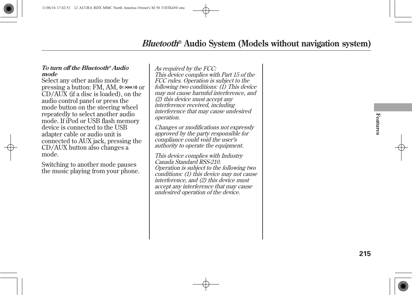 Bluetooth, Audio system (models without navigation system) | Acura 2012 RDX User Manual | Page 221 / 518