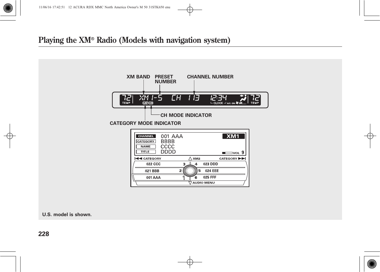 Playing the xm, Radio (models with navigation system) | Acura 2012 RDX User Manual | Page 234 / 518