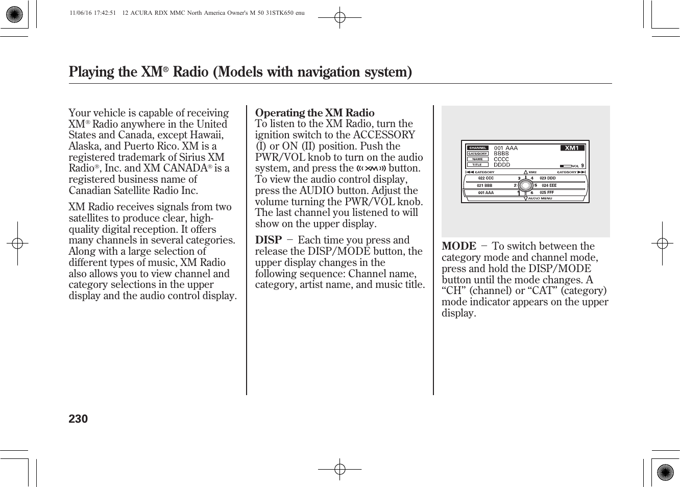 Playing the xm, Radio (models with navigation system) | Acura 2012 RDX User Manual | Page 236 / 518