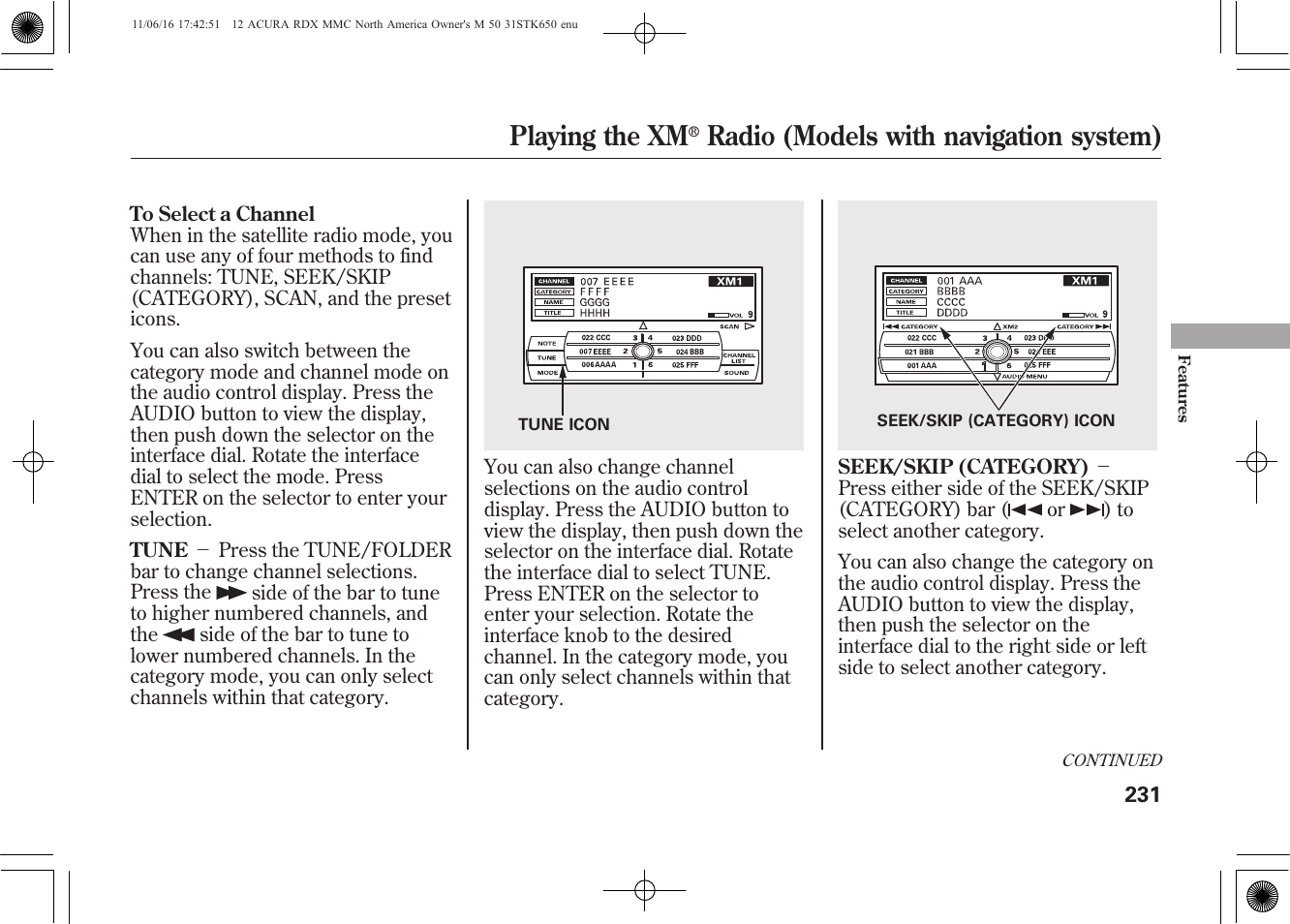 Playing the xm, Radio (models with navigation system) | Acura 2012 RDX User Manual | Page 237 / 518