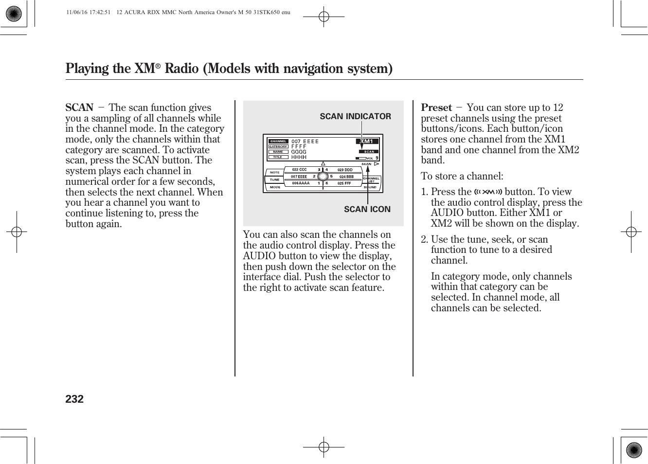 Playing the xm, Radio (models with navigation system) | Acura 2012 RDX User Manual | Page 238 / 518