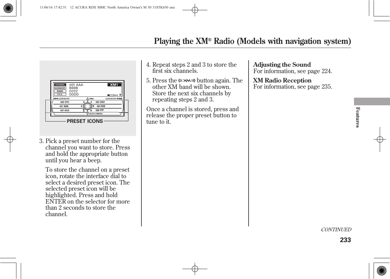 Playing the xm, Radio (models with navigation system) | Acura 2012 RDX User Manual | Page 239 / 518