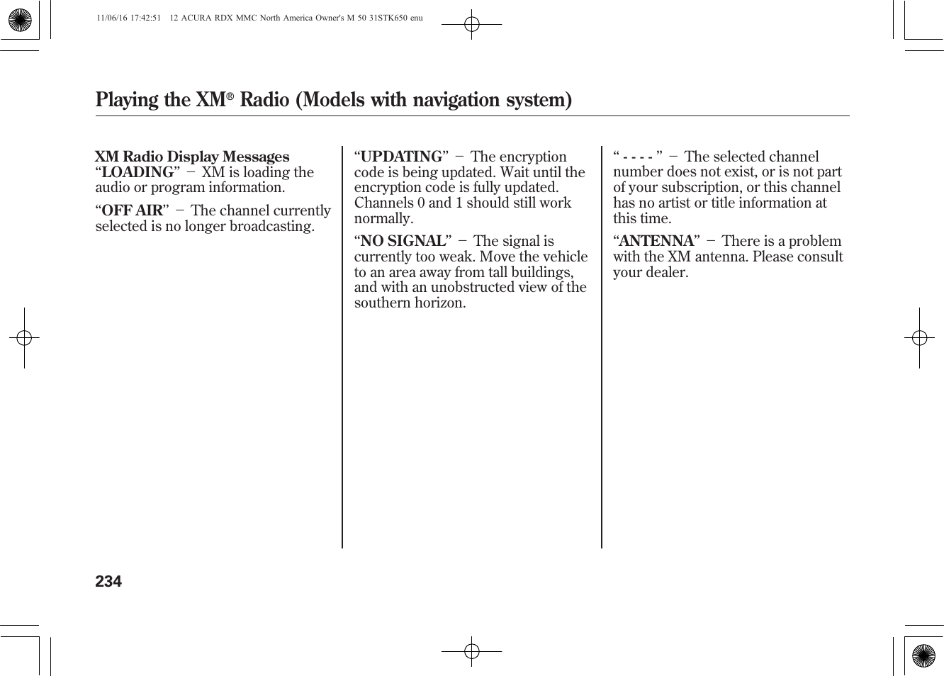 Playing the xm, Radio (models with navigation system) | Acura 2012 RDX User Manual | Page 240 / 518
