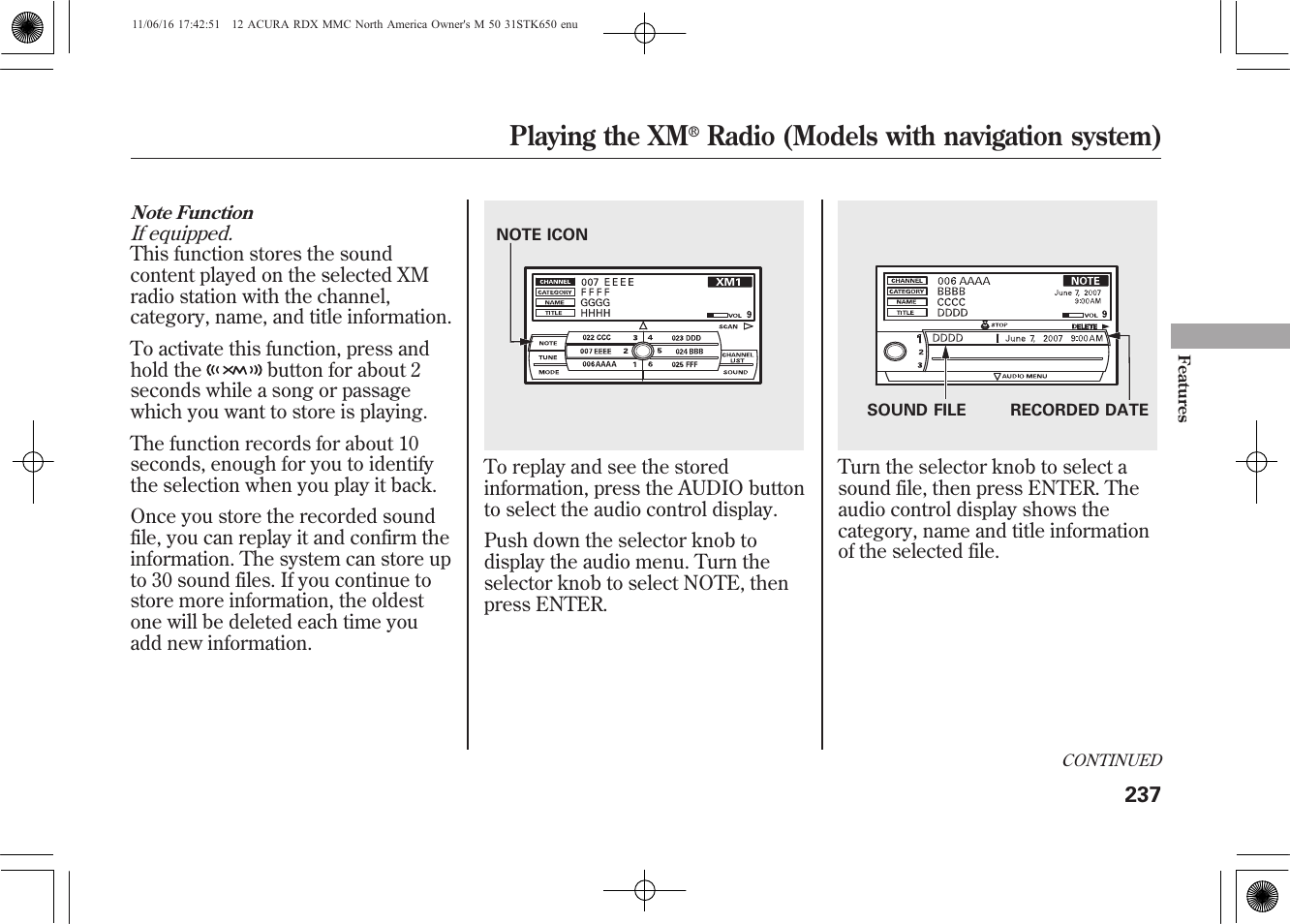Playing the xm, Radio (models with navigation system) | Acura 2012 RDX User Manual | Page 243 / 518