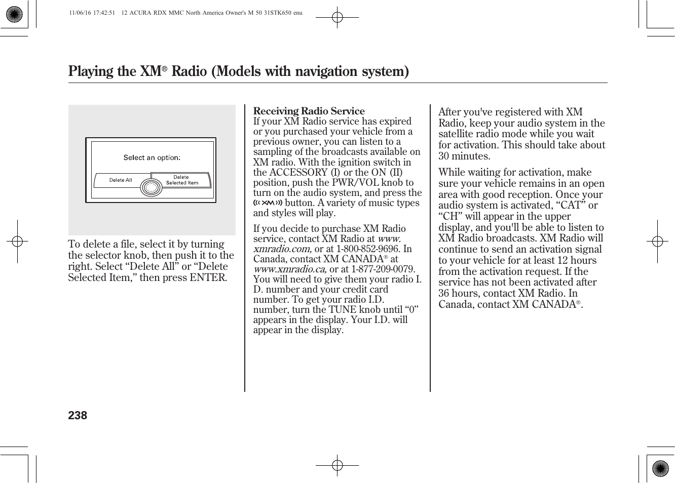 Playing the xm, Radio (models with navigation system) | Acura 2012 RDX User Manual | Page 244 / 518