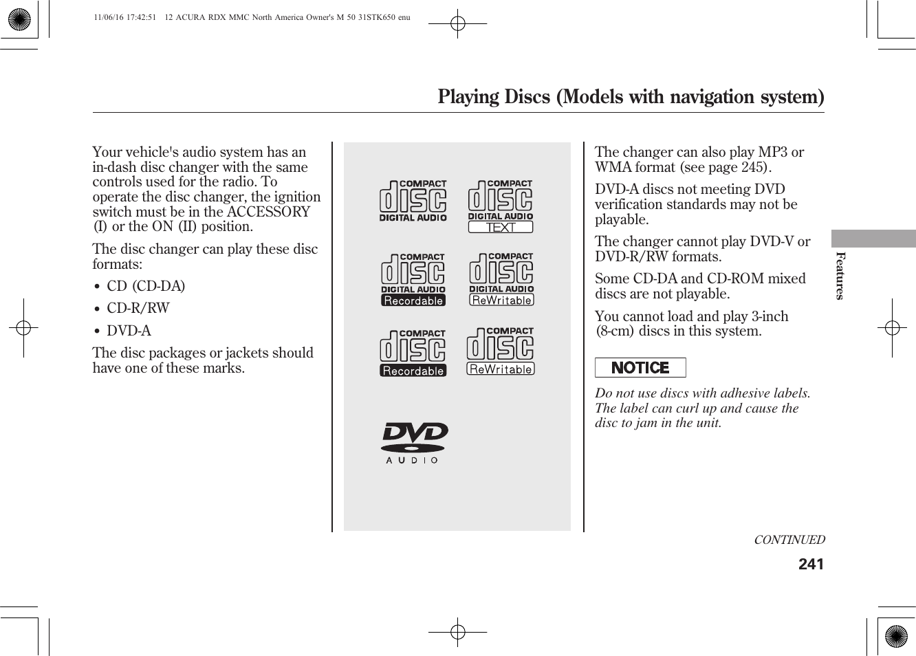 Playing discs (models with navigation system) | Acura 2012 RDX User Manual | Page 247 / 518
