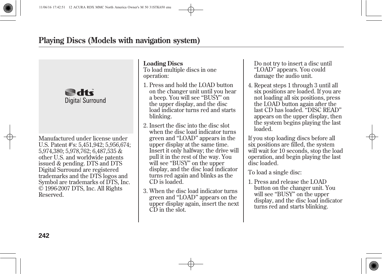 Playing discs (models with navigation system) | Acura 2012 RDX User Manual | Page 248 / 518