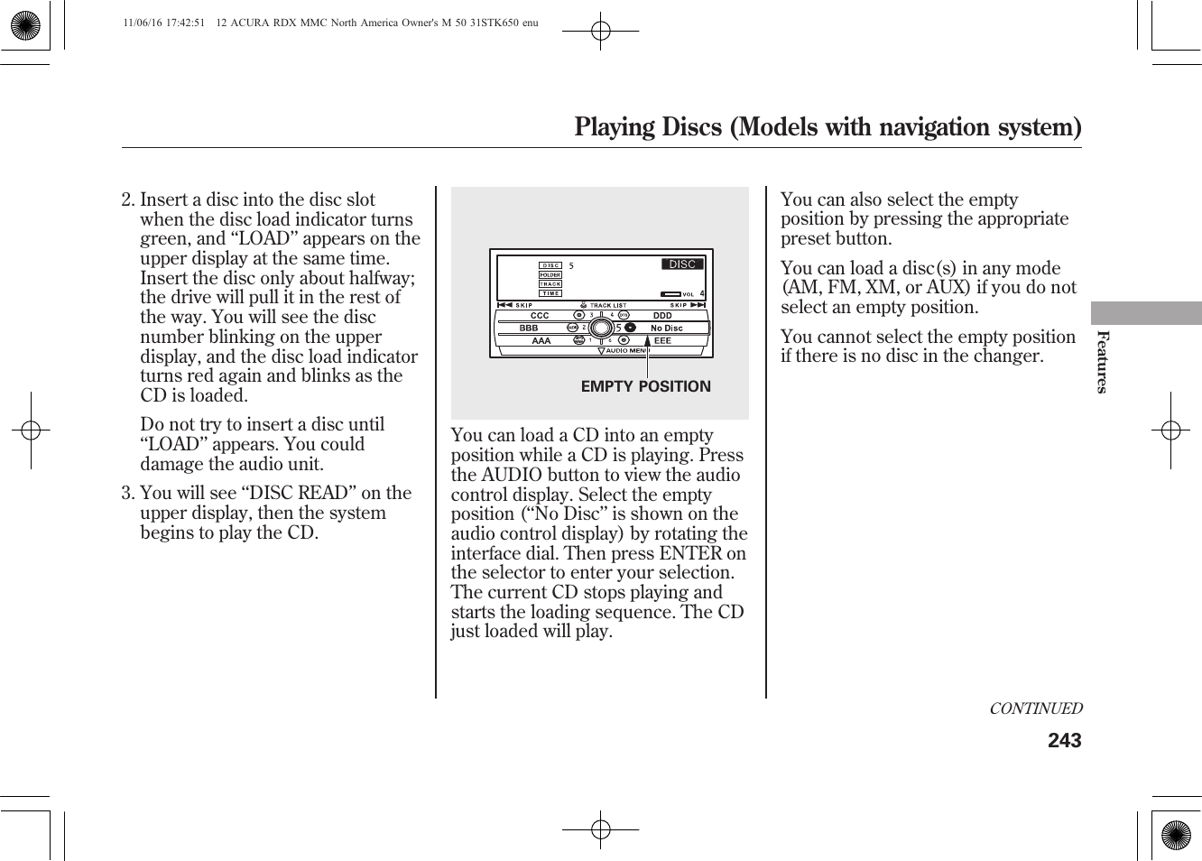 Playing discs (models with navigation system) | Acura 2012 RDX User Manual | Page 249 / 518