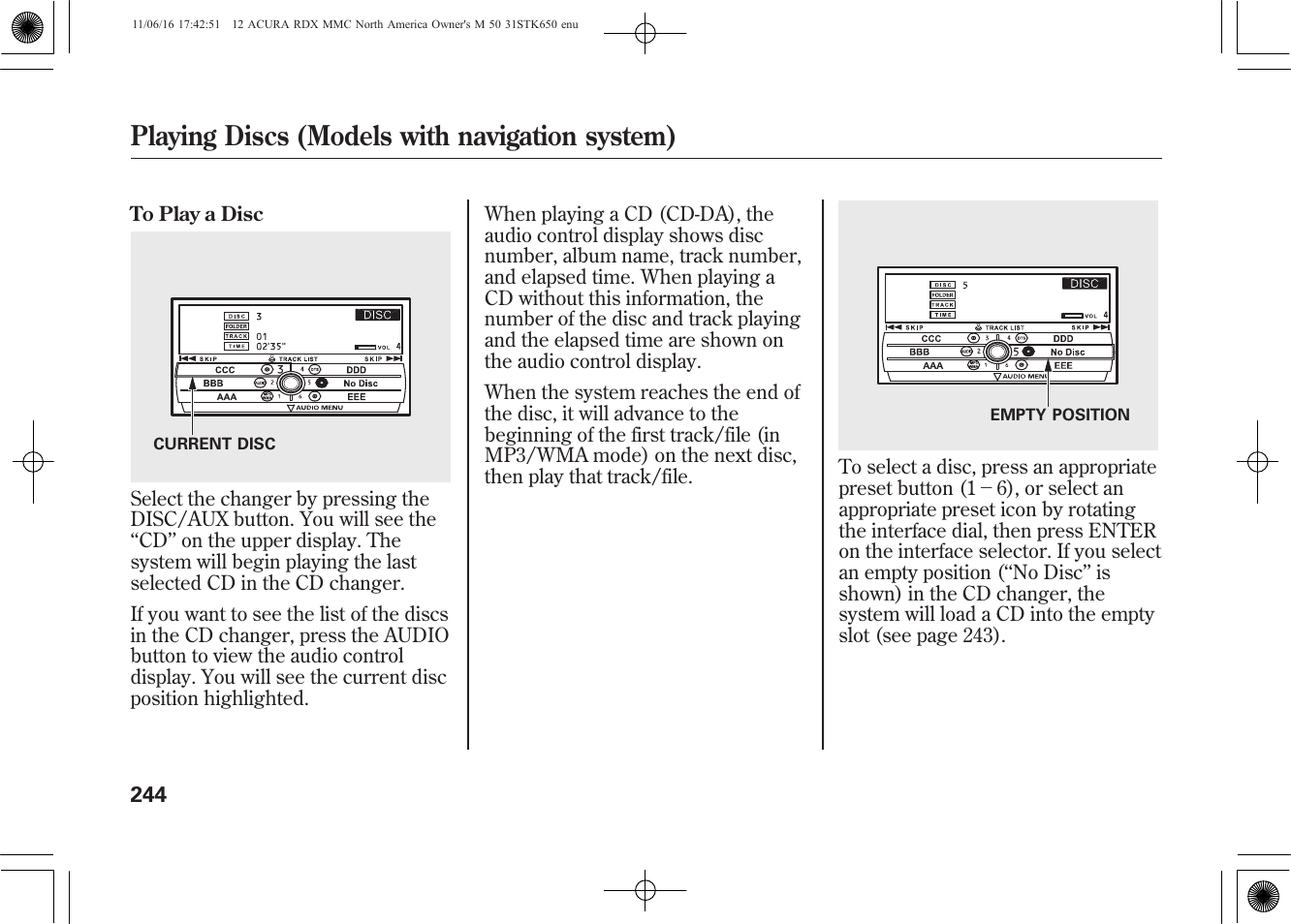 Playing discs (models with navigation system) | Acura 2012 RDX User Manual | Page 250 / 518