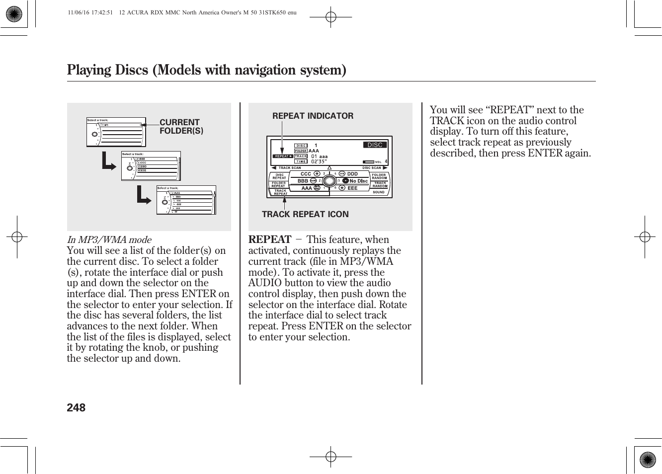 Playing discs (models with navigation system) | Acura 2012 RDX User Manual | Page 254 / 518