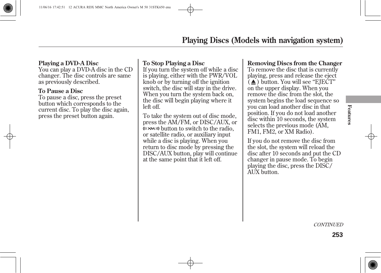 Playing discs (models with navigation system) | Acura 2012 RDX User Manual | Page 259 / 518