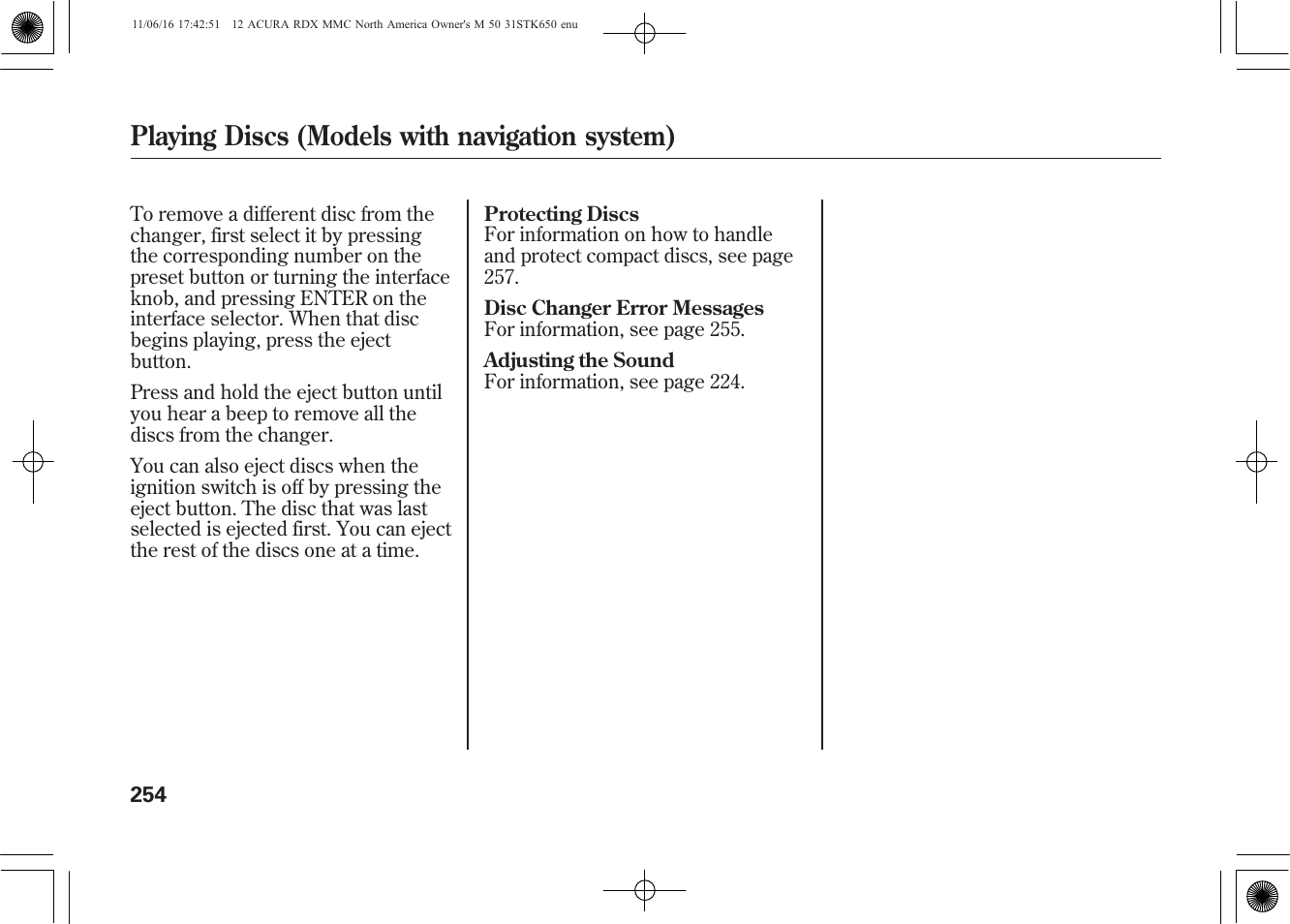 Playing discs (models with navigation system) | Acura 2012 RDX User Manual | Page 260 / 518
