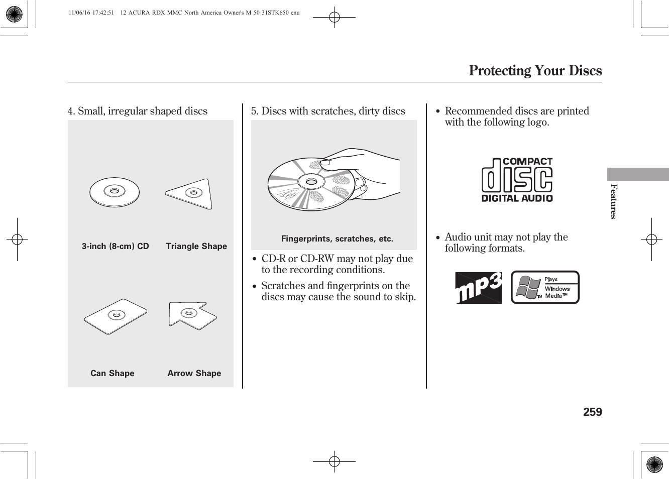 Protecting your discs | Acura 2012 RDX User Manual | Page 265 / 518