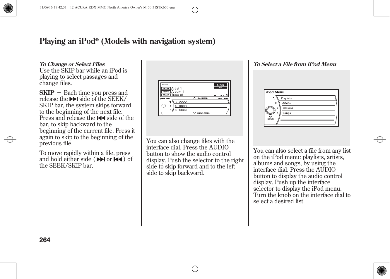 Playing an ipod, Models with navigation system) | Acura 2012 RDX User Manual | Page 270 / 518