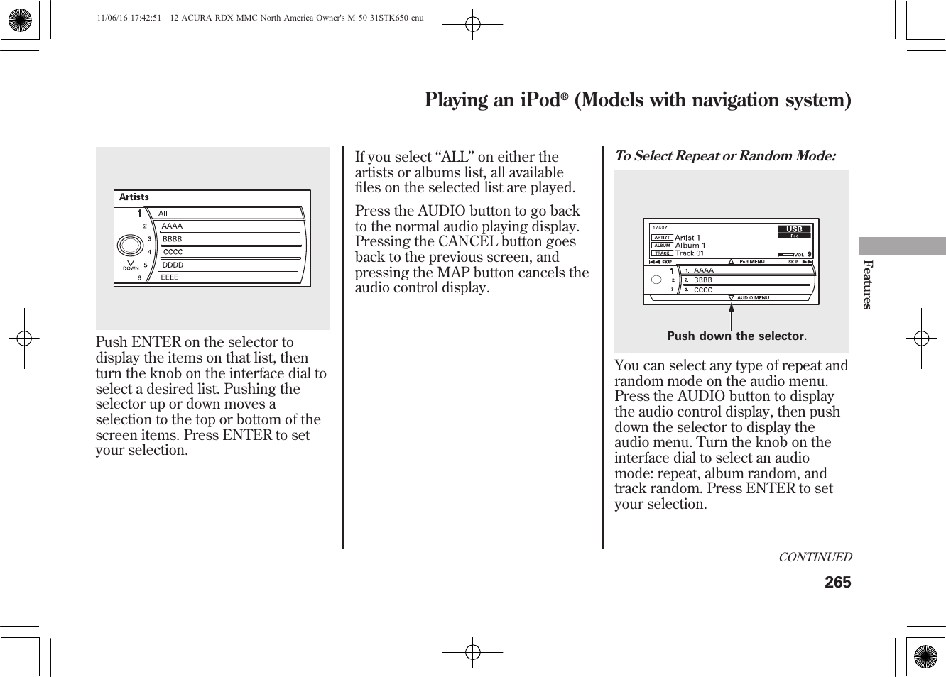 Playing an ipod, Models with navigation system) | Acura 2012 RDX User Manual | Page 271 / 518
