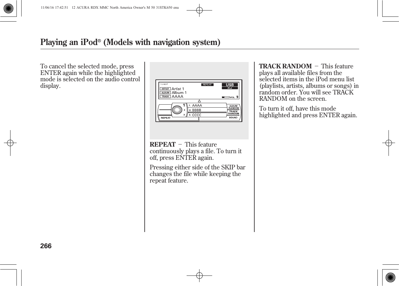 Playing an ipod, Models with navigation system) | Acura 2012 RDX User Manual | Page 272 / 518