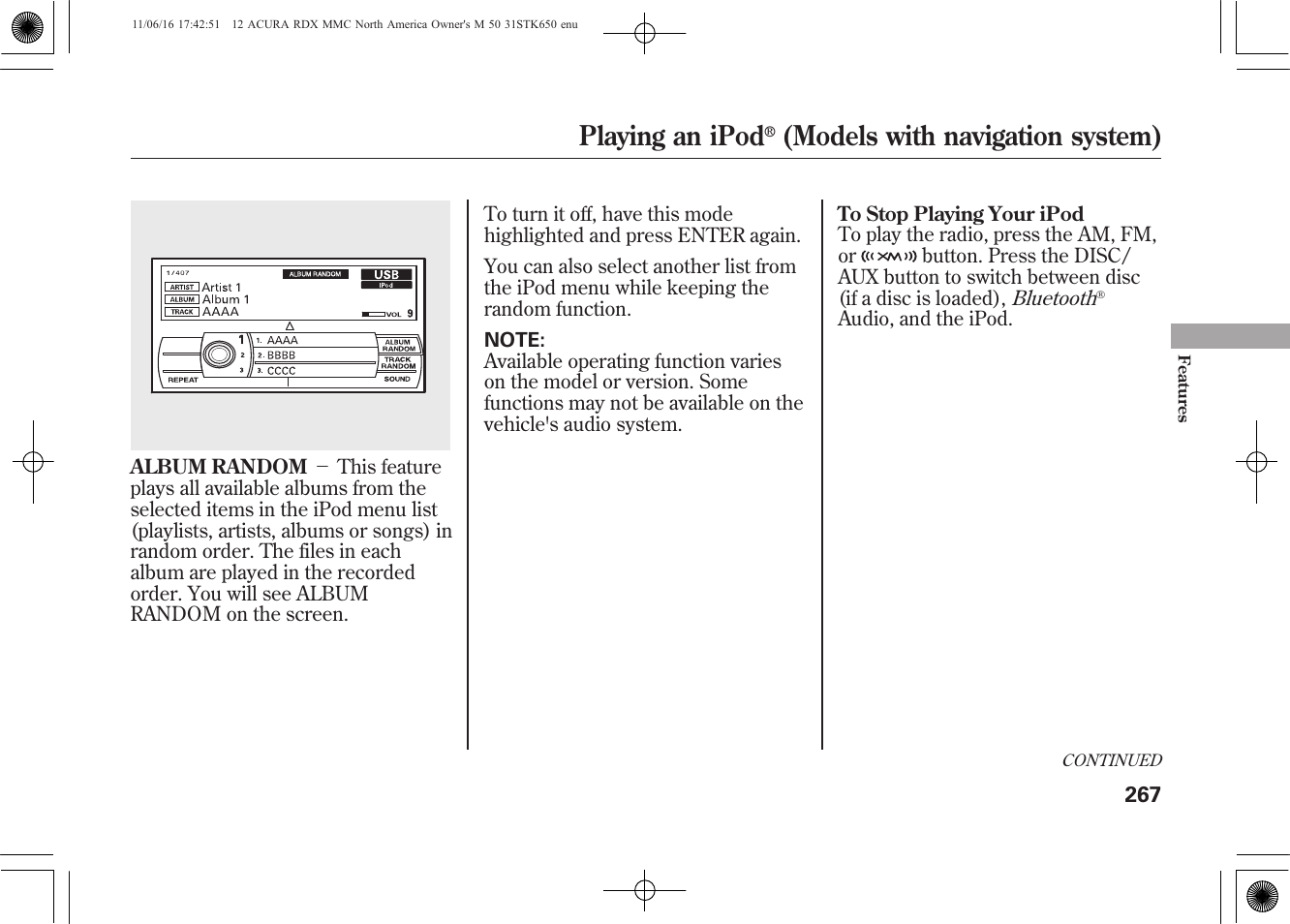 Playing an ipod, Models with navigation system) | Acura 2012 RDX User Manual | Page 273 / 518