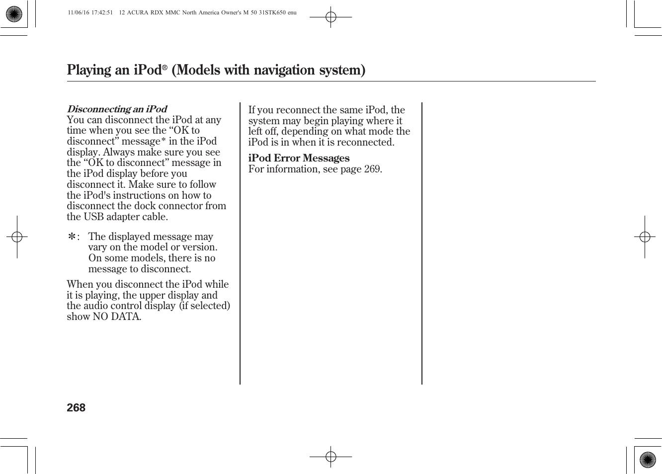 Playing an ipod, Models with navigation system) | Acura 2012 RDX User Manual | Page 274 / 518