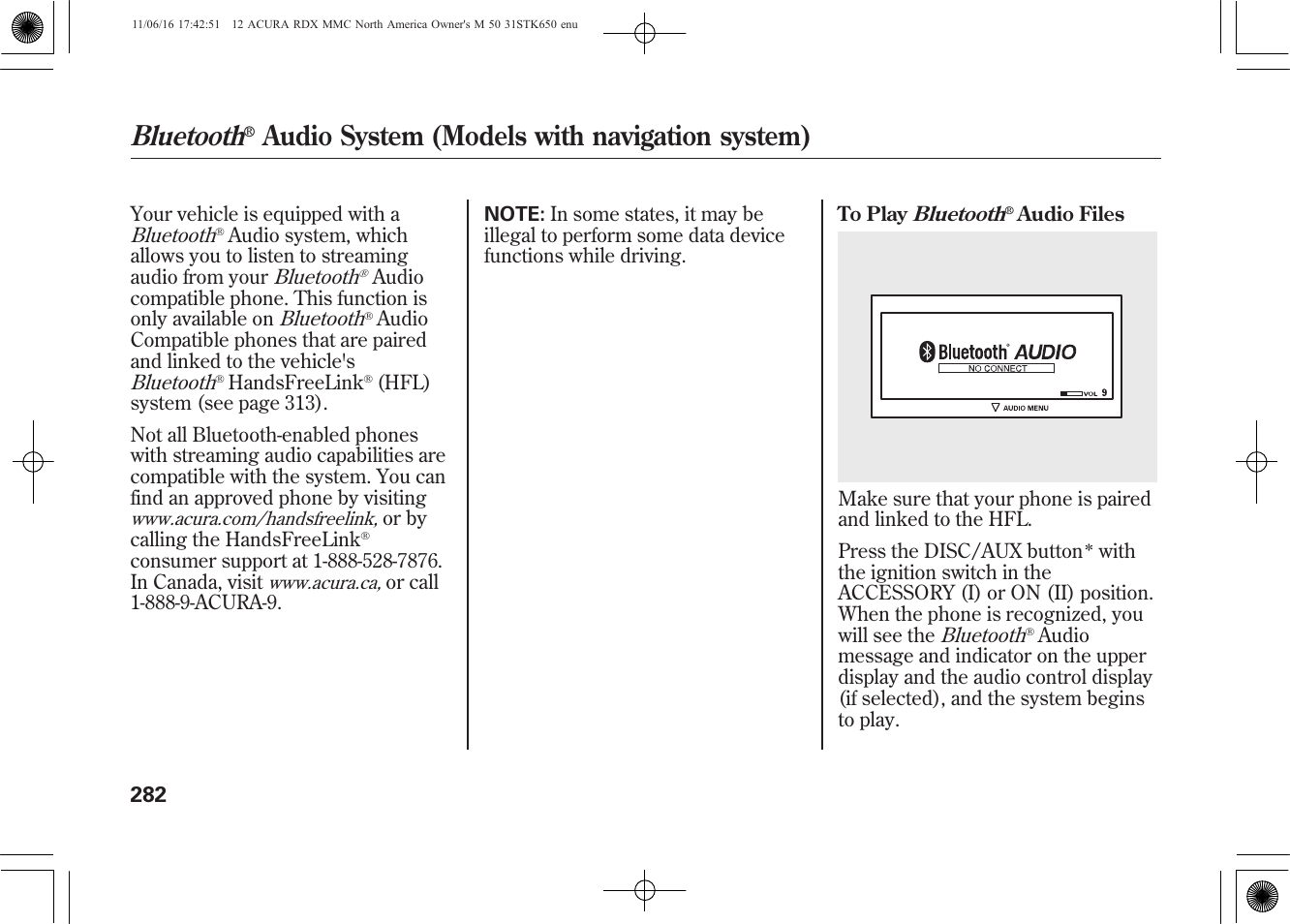 Bluetooth, Audio system (models with navigation system) | Acura 2012 RDX User Manual | Page 288 / 518