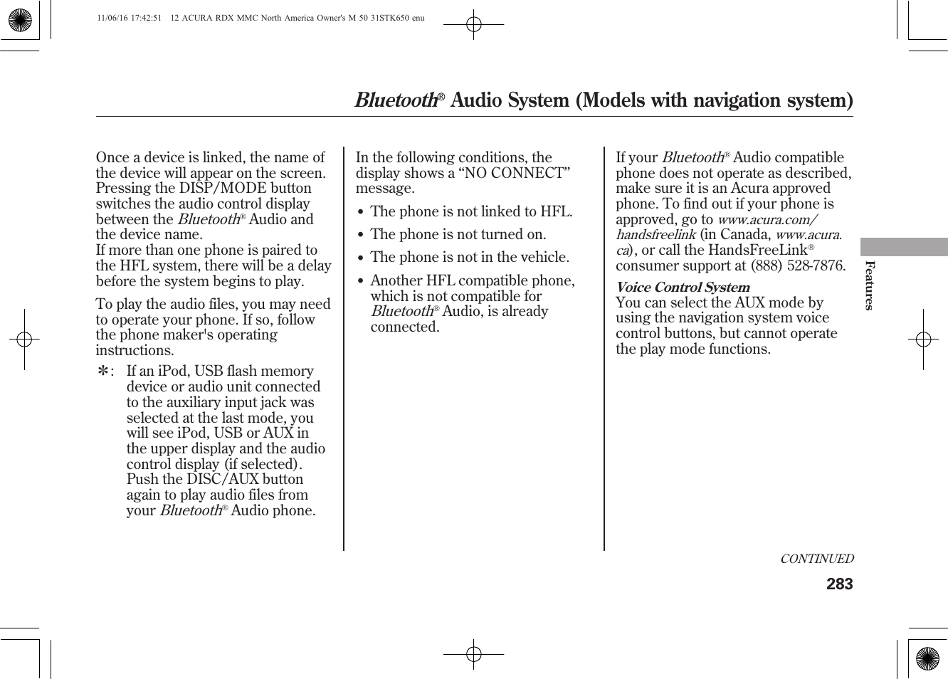 Bluetooth, Audio system (models with navigation system) | Acura 2012 RDX User Manual | Page 289 / 518