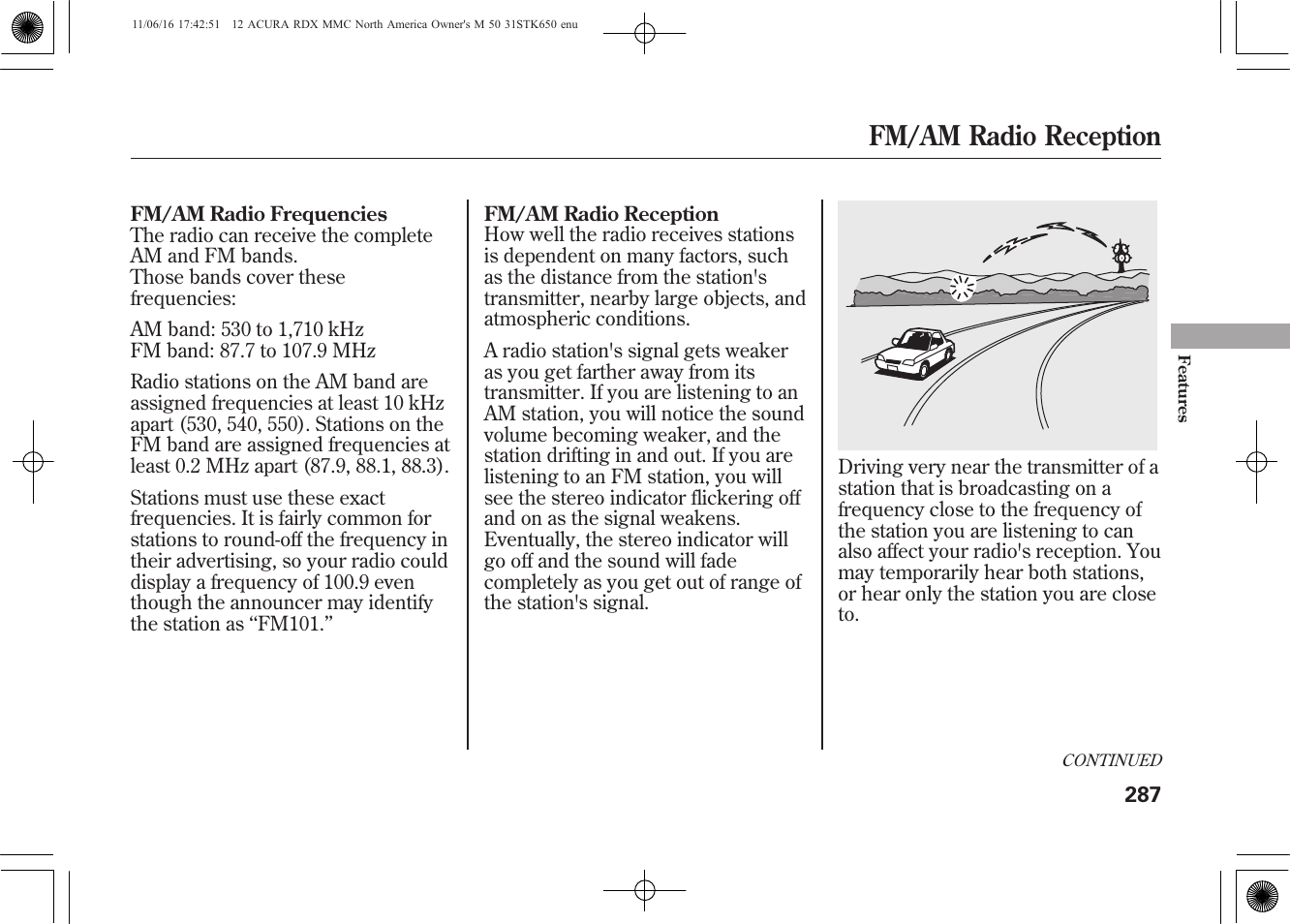 Fm/am radio reception | Acura 2012 RDX User Manual | Page 293 / 518