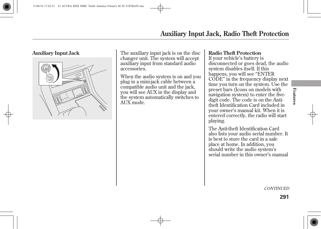 Auxiliary input jack, radio theft protection | Acura 2012 RDX User Manual | Page 297 / 518