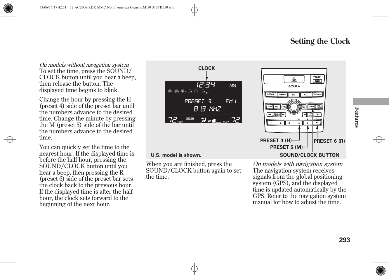 Setting the clock | Acura 2012 RDX User Manual | Page 299 / 518