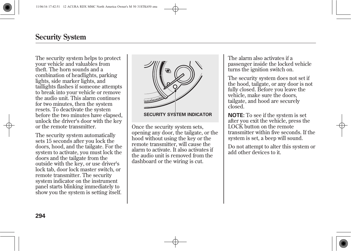 Security system | Acura 2012 RDX User Manual | Page 300 / 518