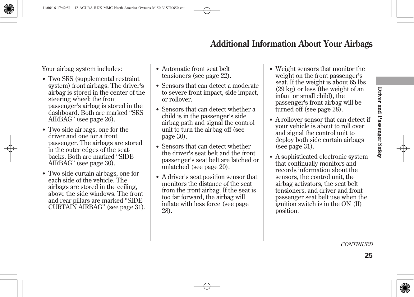 Additional information about your airbags | Acura 2012 RDX User Manual | Page 31 / 518