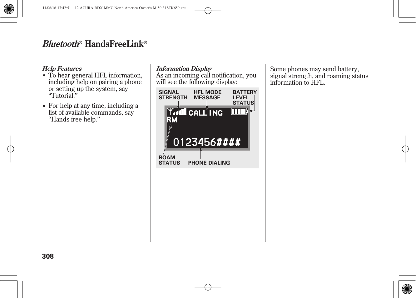 Bluetooth, Handsfreelink | Acura 2012 RDX User Manual | Page 314 / 518