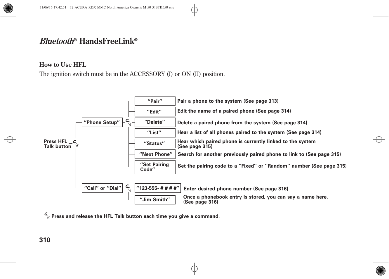 Bluetooth, Handsfreelink | Acura 2012 RDX User Manual | Page 316 / 518