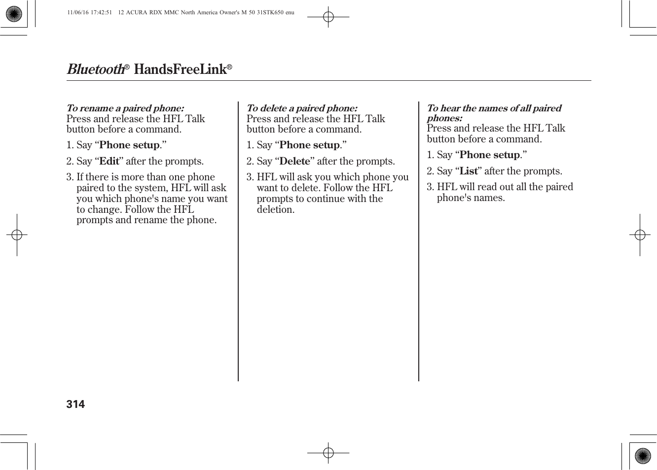 Bluetooth, Handsfreelink | Acura 2012 RDX User Manual | Page 320 / 518