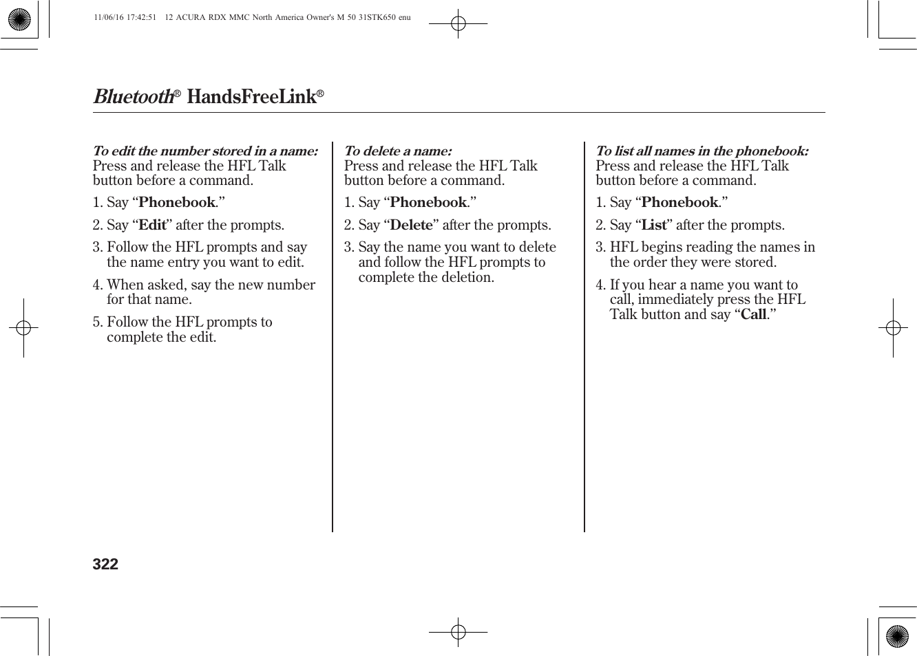 Bluetooth, Handsfreelink | Acura 2012 RDX User Manual | Page 328 / 518
