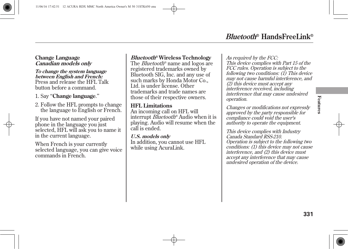 Bluetooth, Handsfreelink | Acura 2012 RDX User Manual | Page 337 / 518