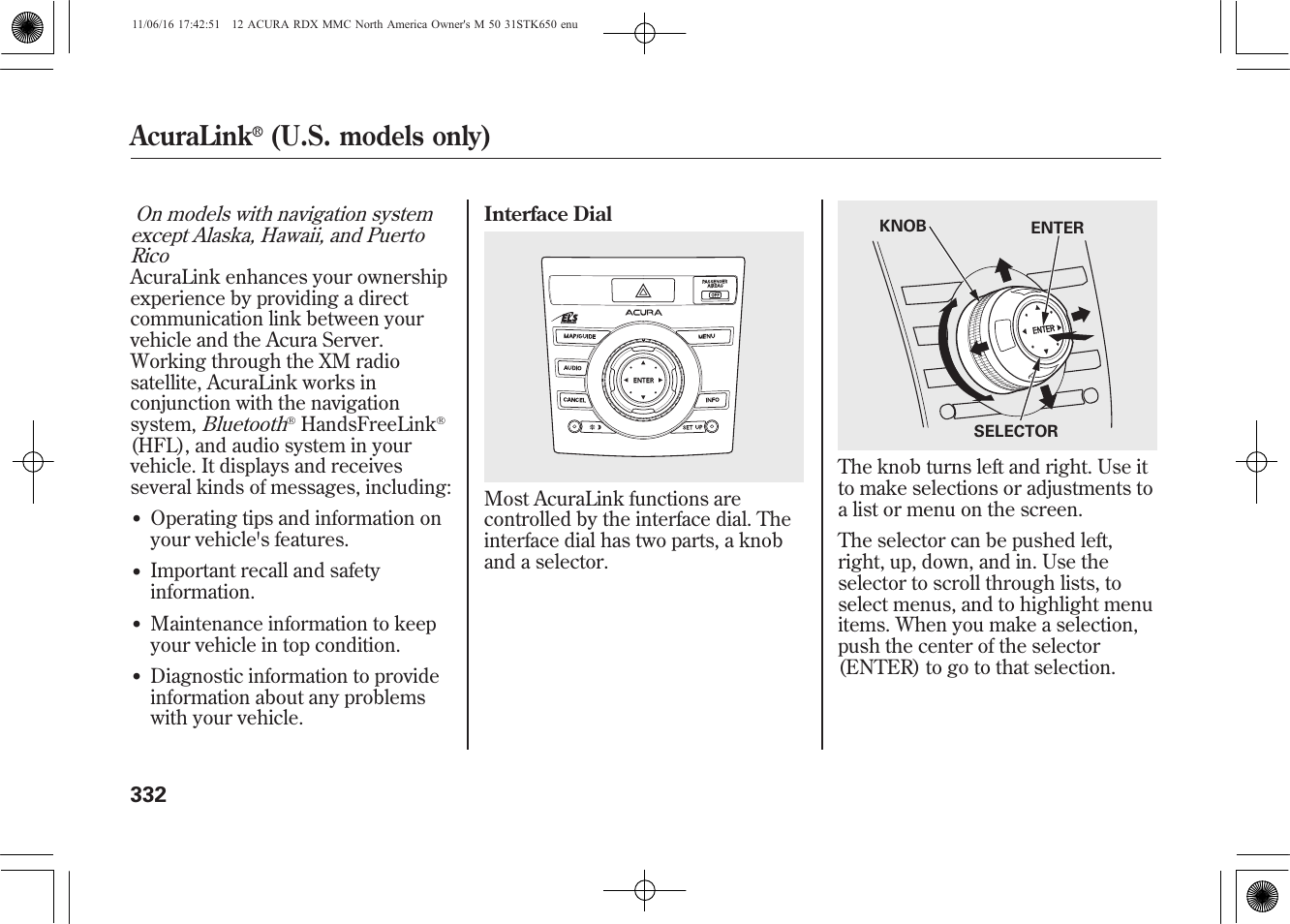 Acuralink, U.s. models only) | Acura 2012 RDX User Manual | Page 338 / 518