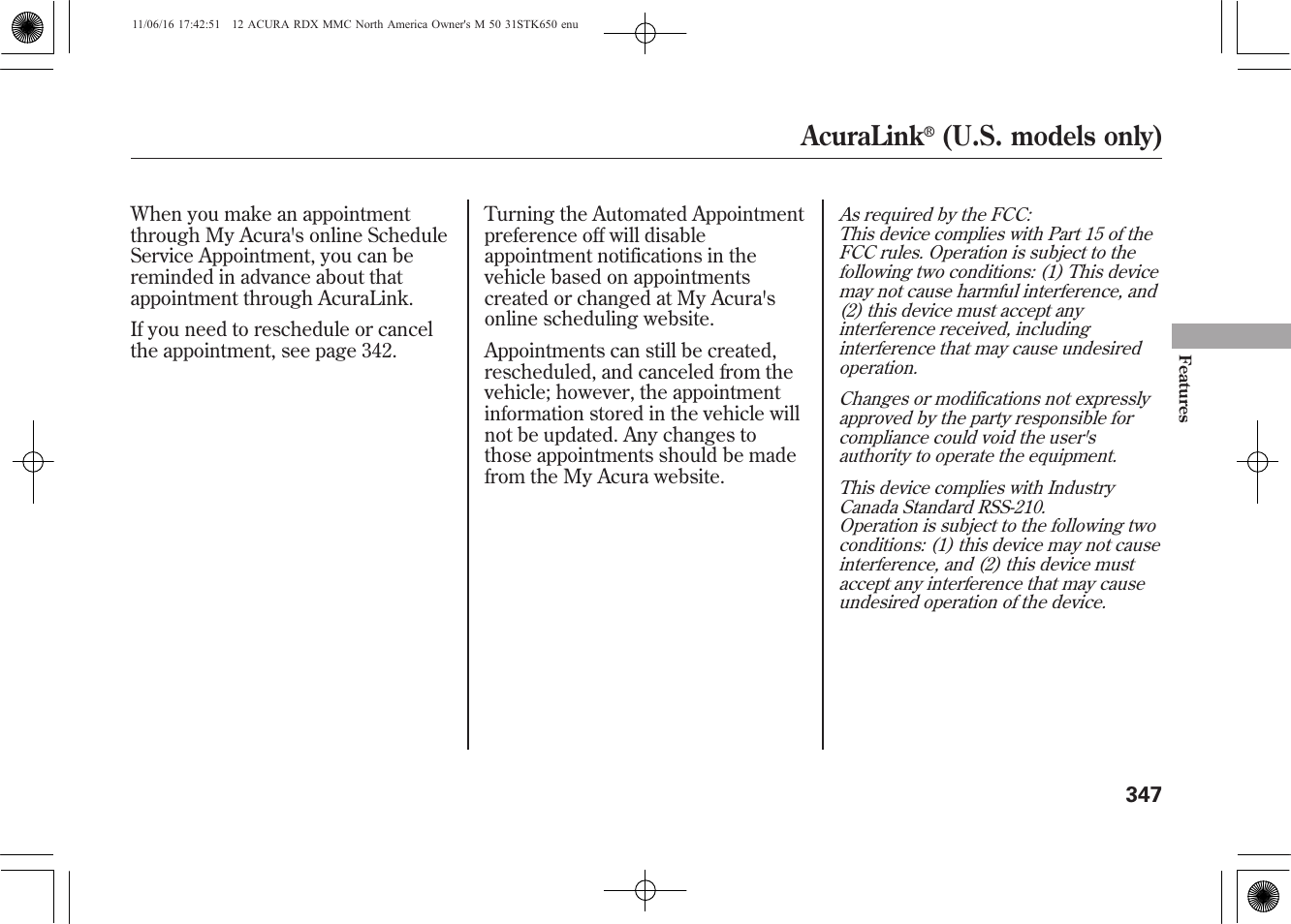 Acuralink, U.s. models only) | Acura 2012 RDX User Manual | Page 353 / 518