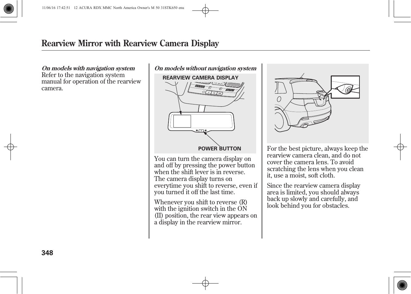 Rearview mirror with rearview camera display | Acura 2012 RDX User Manual | Page 354 / 518