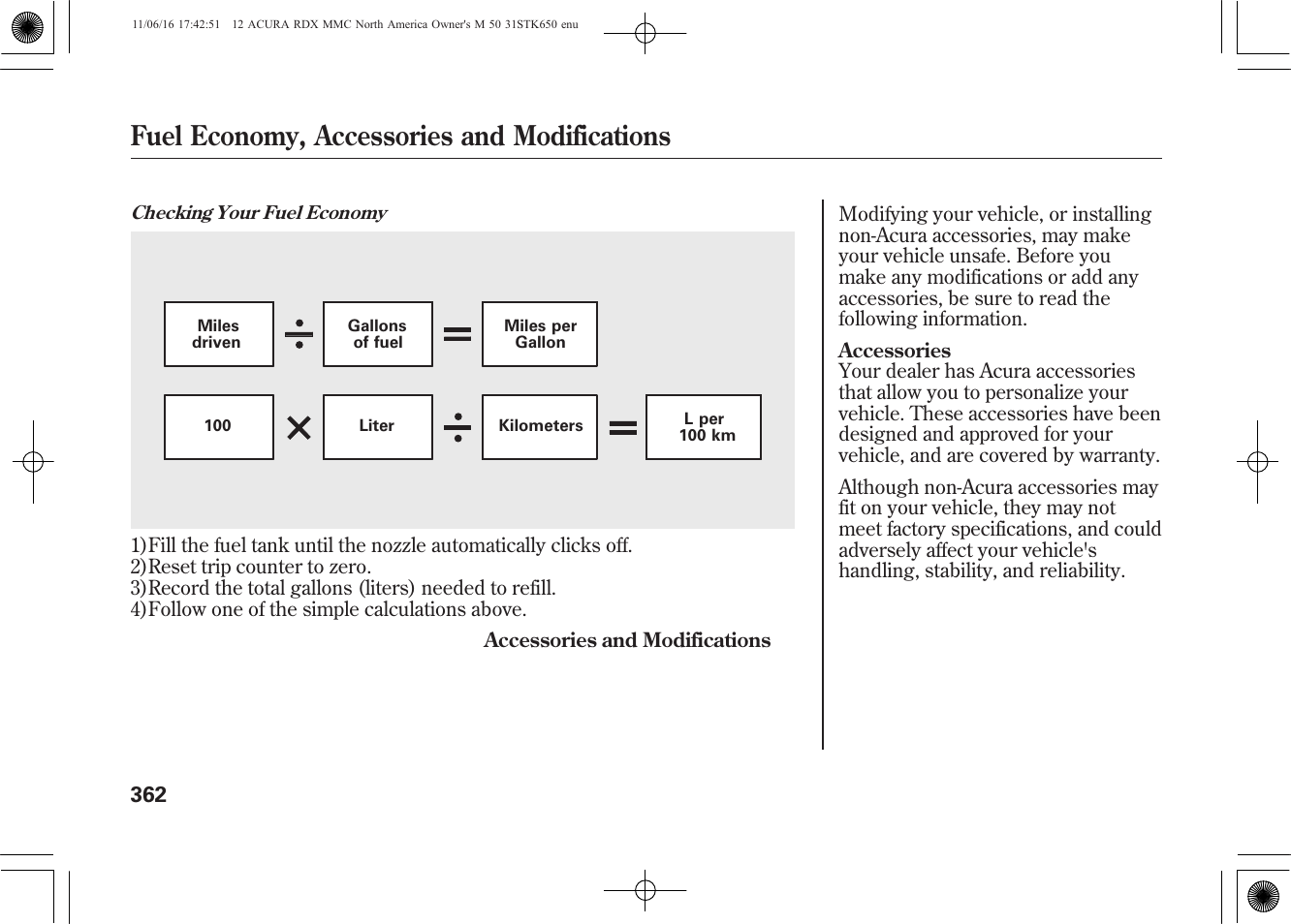 Fuel economy, accessories and modifications | Acura 2012 RDX User Manual | Page 368 / 518