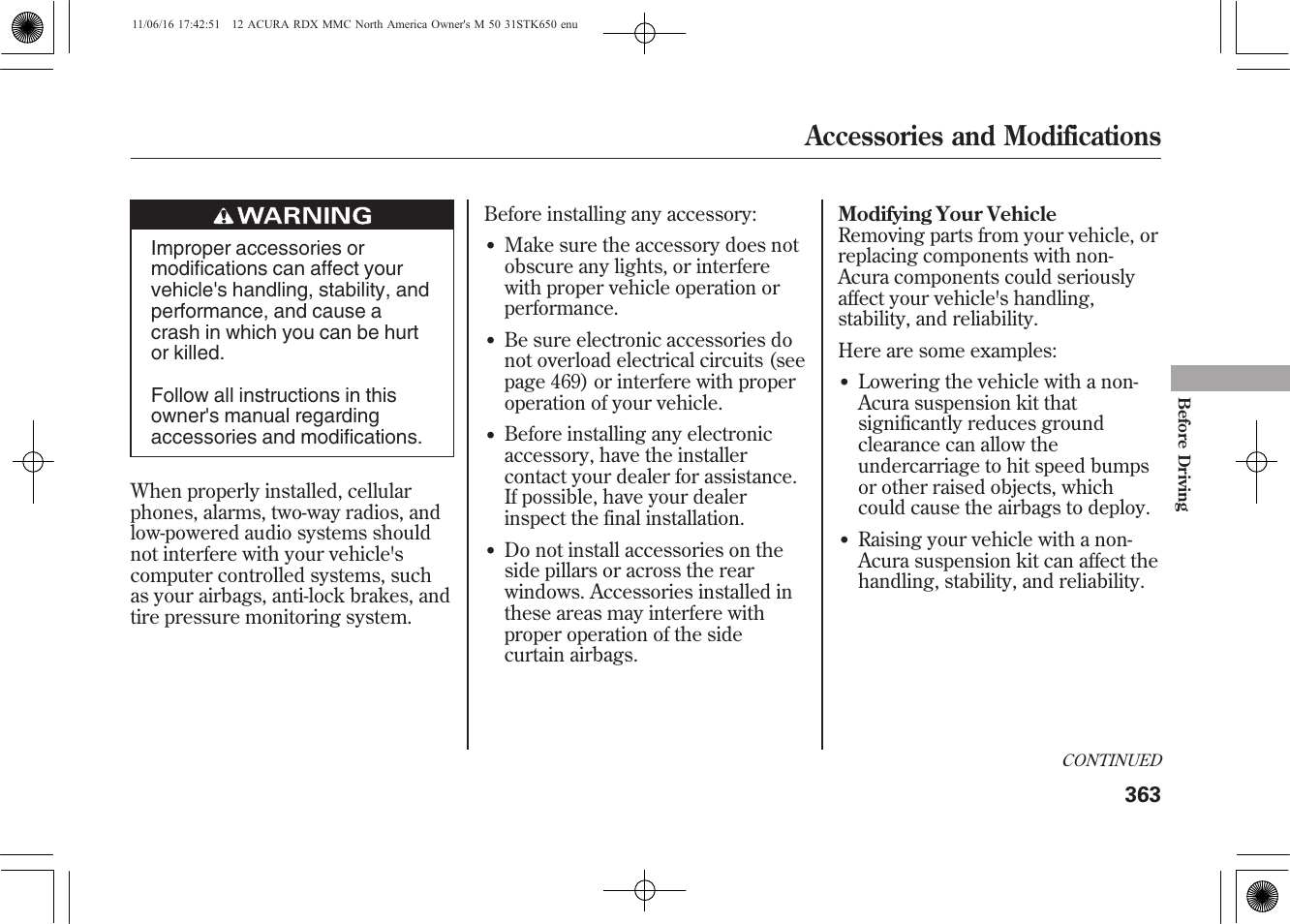 Accessories and modifications | Acura 2012 RDX User Manual | Page 369 / 518